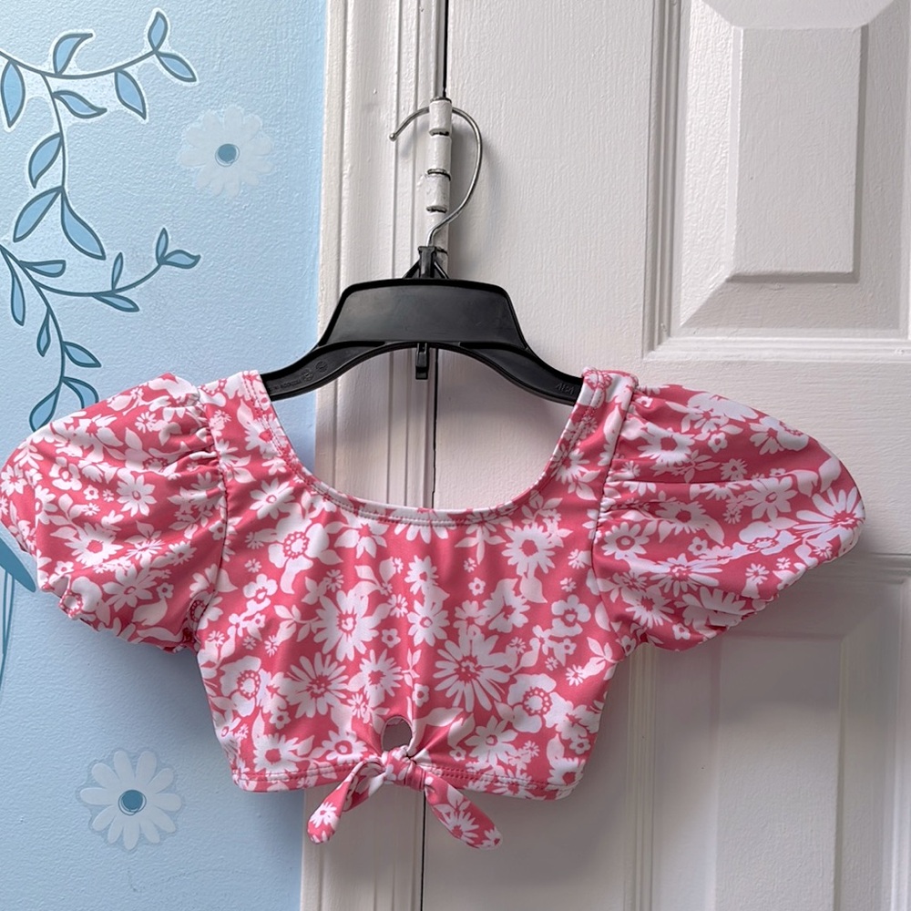Wonder Nation Floral Pink White Girls Puff Sleeve Hibiscus Top Size XS (4-5)  !